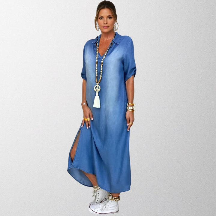 Olivia- Long dress in denim look with side slit