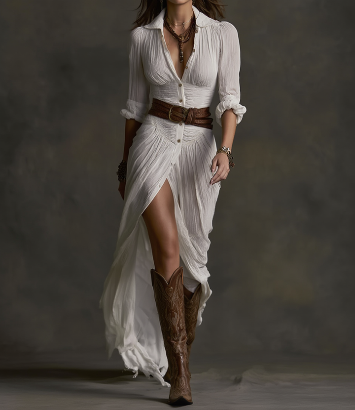 Aurora | Long Linen Dress with Inverted Collar