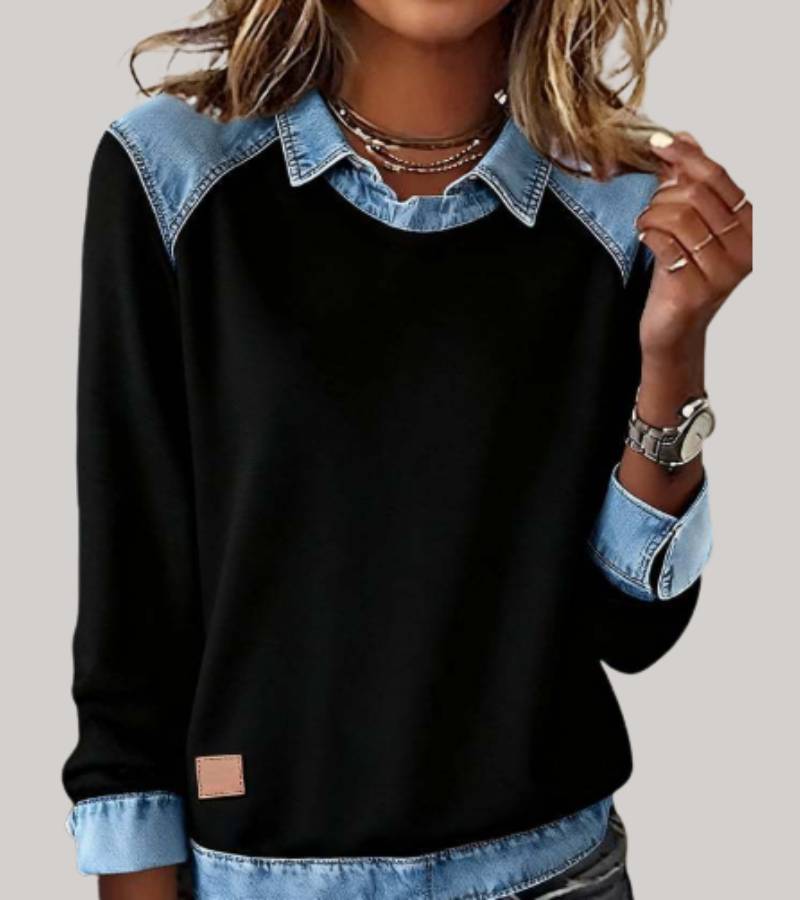 Charlotte | Patchwork Knit Top with Denim Details