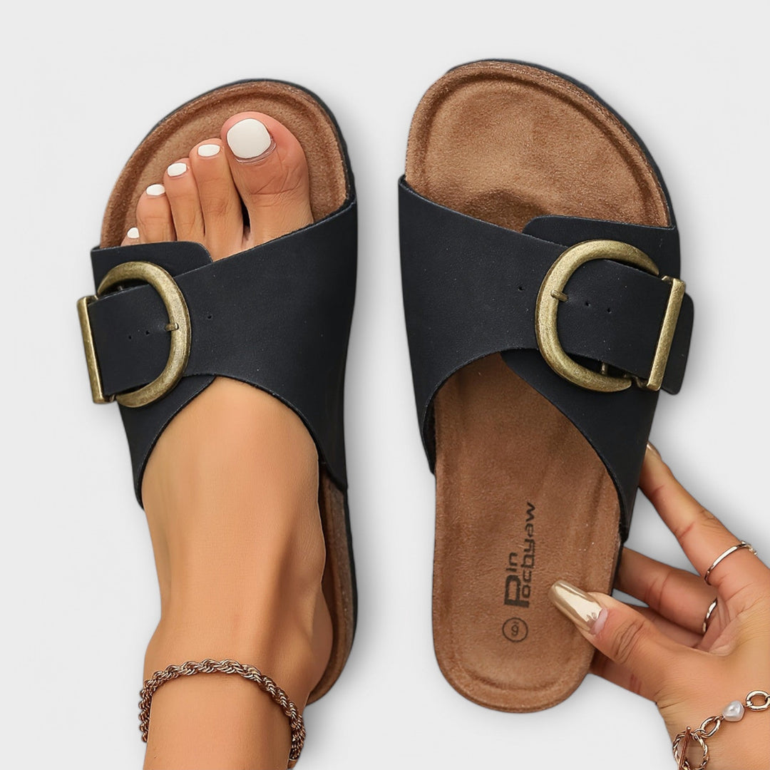 Margie – Women's Cork Slip-On Sandals with Buckle Strap Design