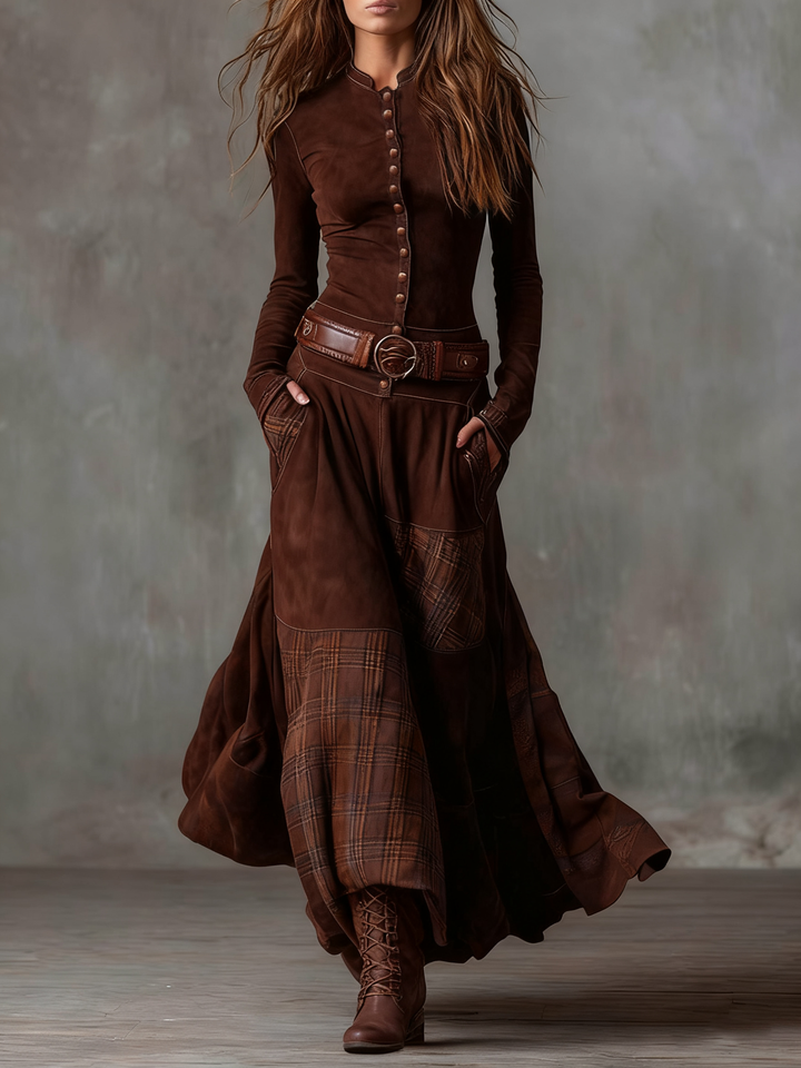 Eleanor - Elegant soft suede maxi dress with refined belt