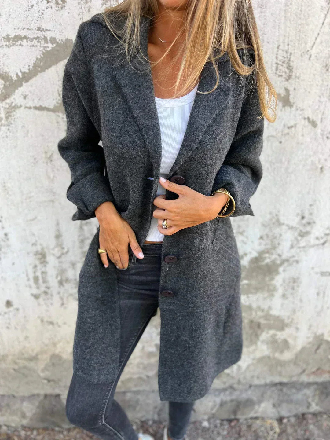 Baylea - Casual Long Coat with Wool Lapel